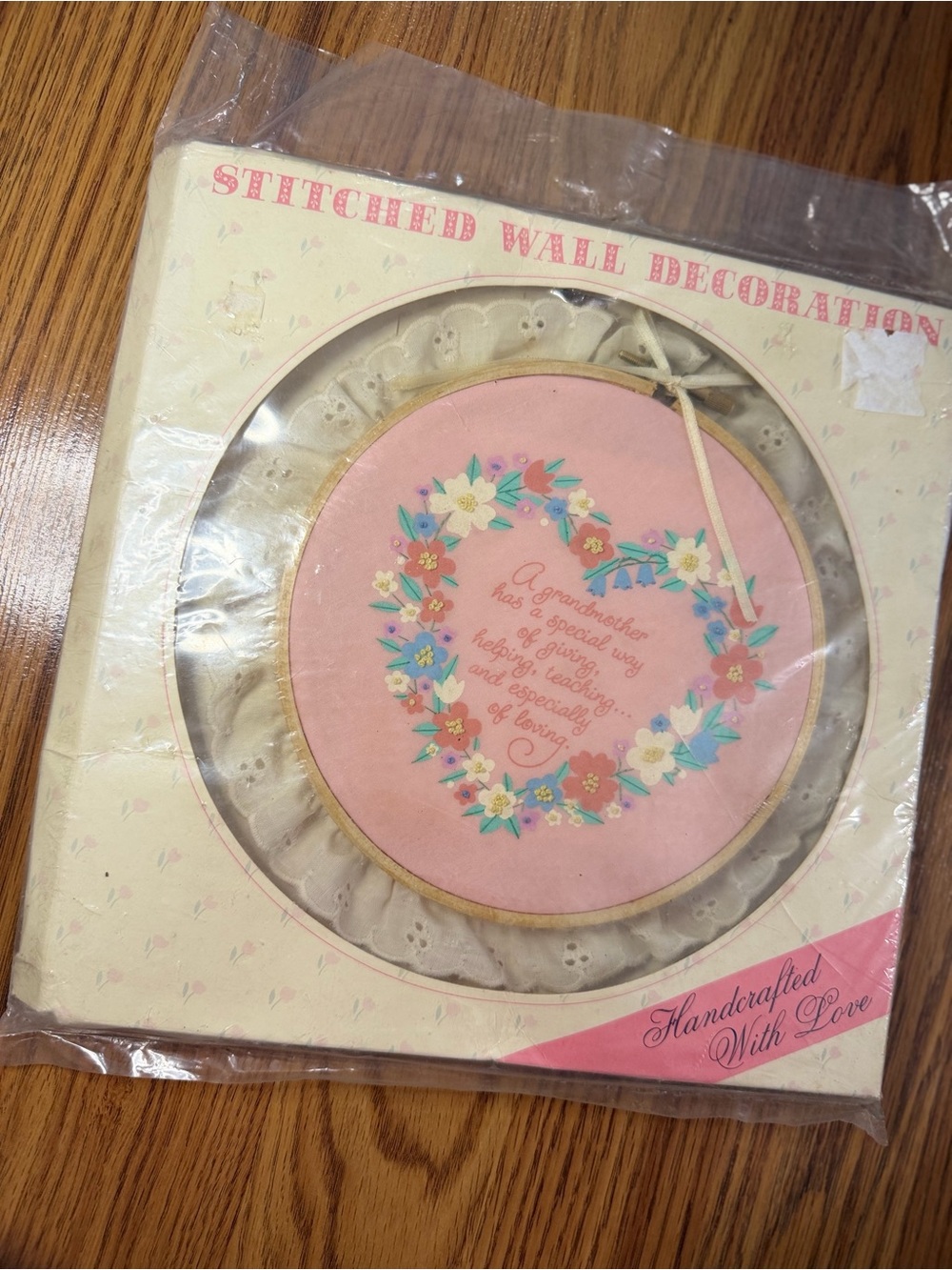 1985 Hallmark Stitched Grandma Wall Decoration Floral Heart Embroidery